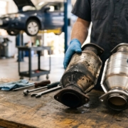 Mechanic holding a clean catalytic converter next to a dirty, clogged one