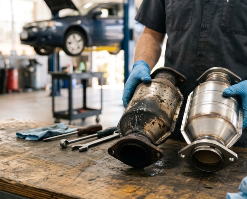 Mechanic holding a clean catalytic converter next to a dirty, clogged one